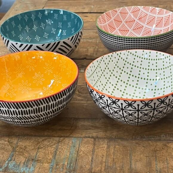 Over and Back Bowls Double Print Geometry Colorful Stoneware Set of 6 - Picture 5 of 13